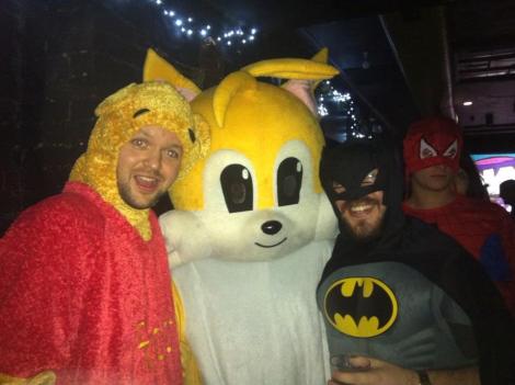 COMICAL BEHAVIOUR: Naggy as Pooh Bear, Oscar as Tails and yours truly as The Caped Crusader. Spiderman, aka Oliver, on photobomb duty.